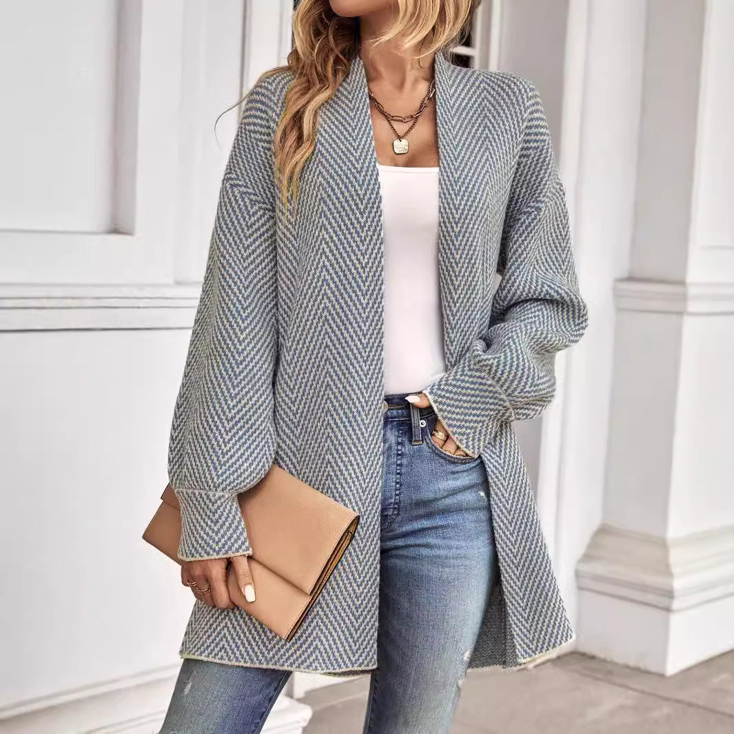 Women’s Knit Cardigan – Relaxed Fit – Open Front – Herringbone – Long Sleeve