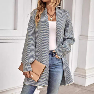 Women’s Knit Cardigan – Relaxed Fit – Open Front – Herringbone – Long Sleeve