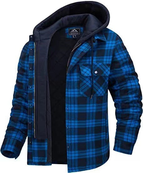 Fleece lined plaid hooded jacket for men