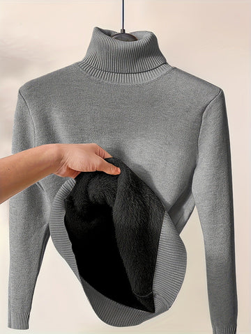 Women’s Pullover Sweatshirt – Slim Fit Knit – Fleece Lined – Ribbed Turtleneck