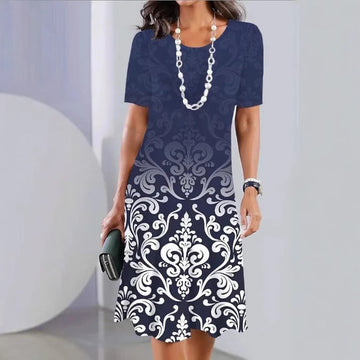 Women’s Knee-Length Dress – Relaxed Fit – Printed Design – Short Sleeve – Breathable Blend