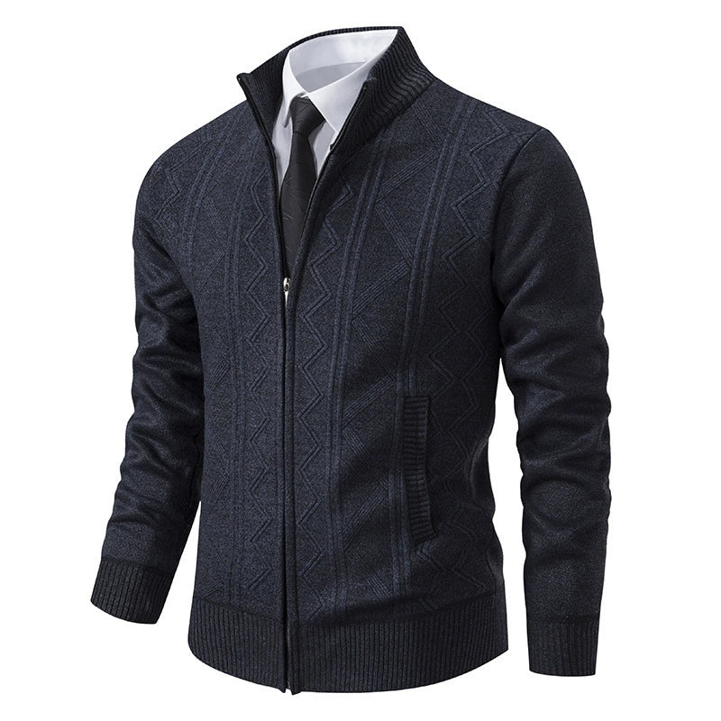 Men’s Cardigan Jacket – Wool Knit – Tailored Fit – Stand Collar – Zipper Front