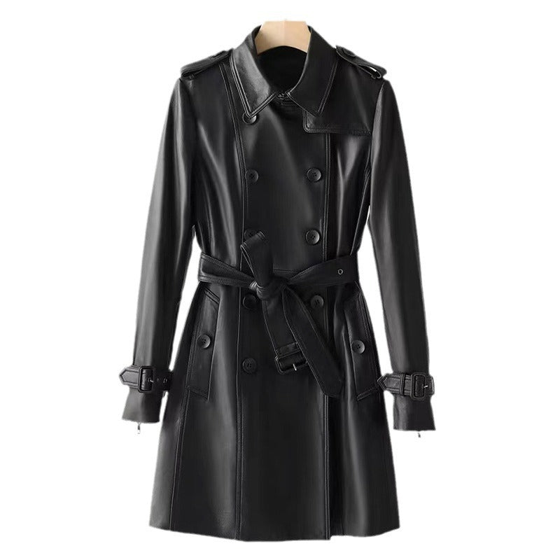 Vintage belted leather trench coat for women