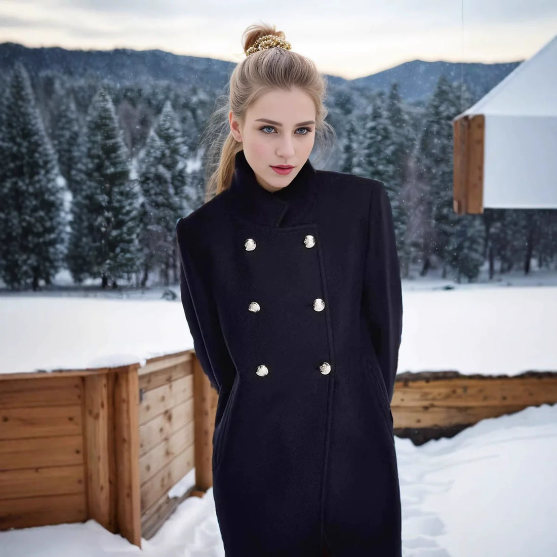 Women’s Coat – Structured Fit – Wool Blend – Double-Breasted – Stand Collar – Mid-Thigh