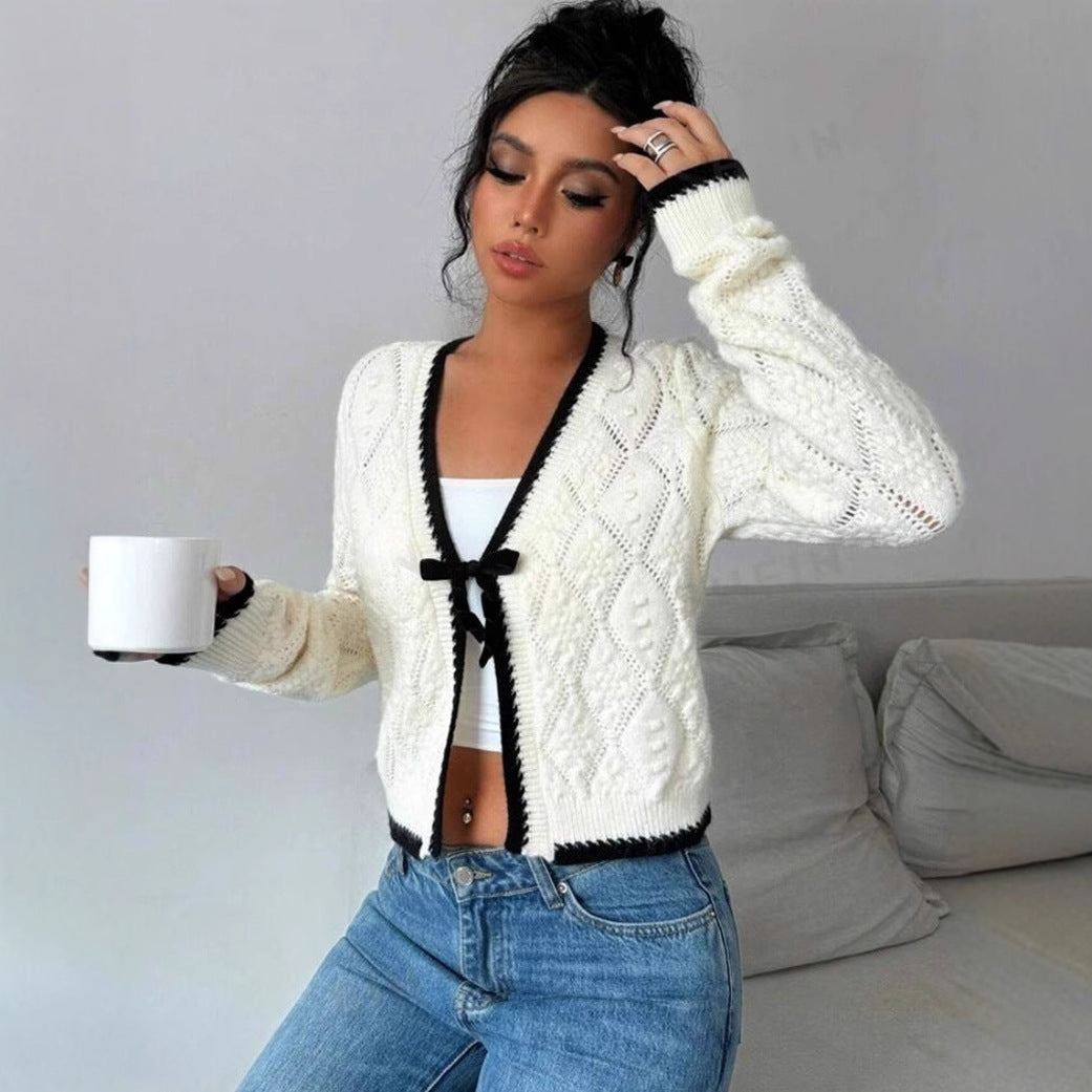 Women’s Cardigan – Knitted Fabric – Cropped Fit – Bow Tie Front – Long Sleeve Layer