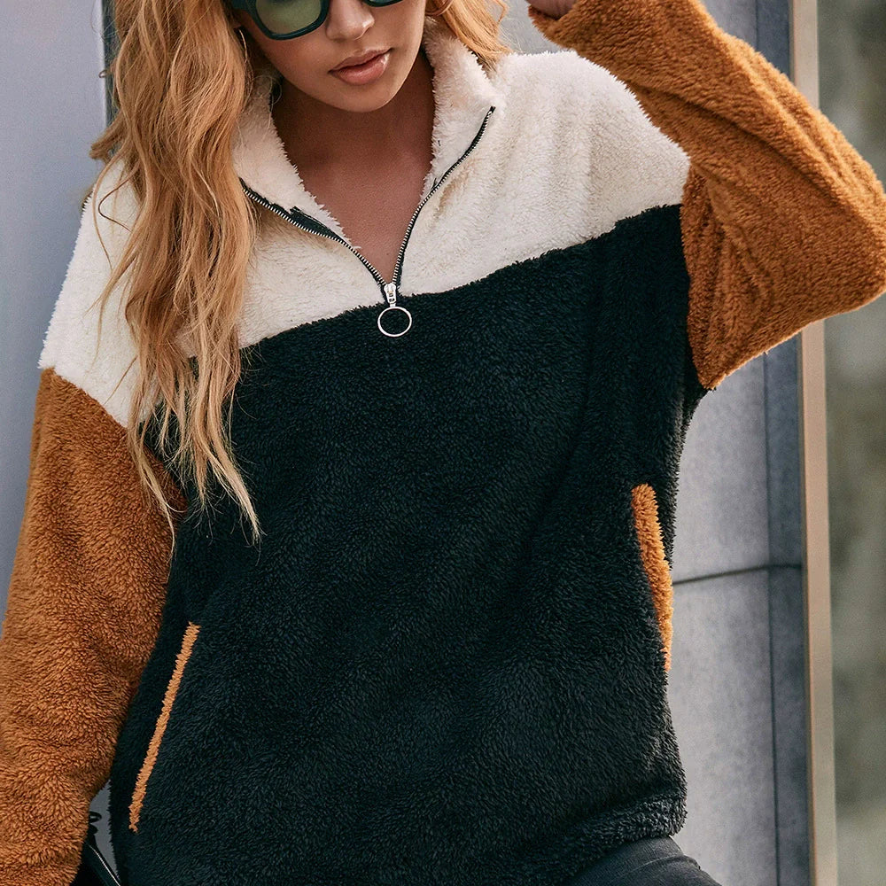 Women’s Sweatshirt – Oversized Fit – Plush Fabric – Half Zip Patchwork – Side Pockets
