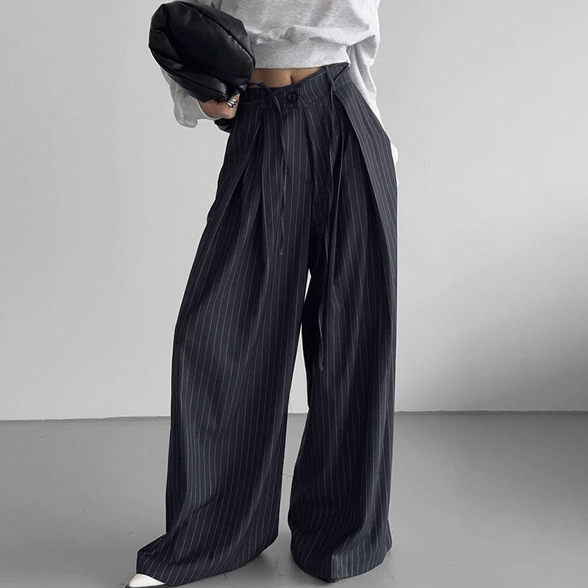 Women's Wide-Leg Trousers - High Waist - Pinstripe Draped Suit Pants - Relaxed Fit