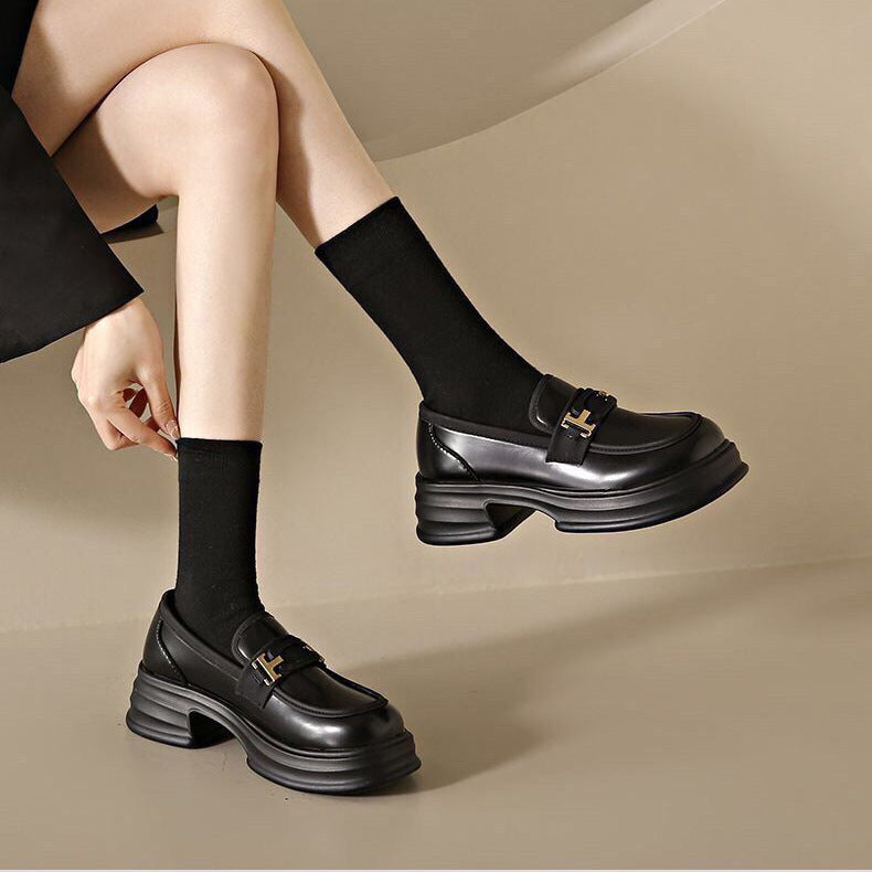 Women’s Loafers – Slip-On Fit – Chunky Sole – Leather-Like Finish – Metal Strap Detail