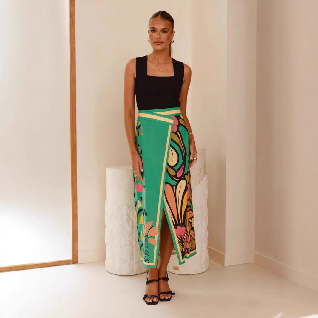 Women’s Midi Skirt – Slim Fit – High Waist – Front Slit – Abstract Print – Breathable Fabric