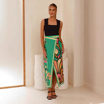 Women’s Midi Skirt – Slim Fit – High Waist – Front Slit – Abstract Print – Breathable Fabric