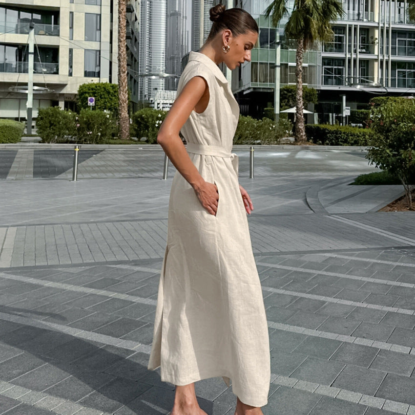 Women’s Full-Length Dress – Cotton Linen Blend – Sleeveless – Tie Waist – Side Slit