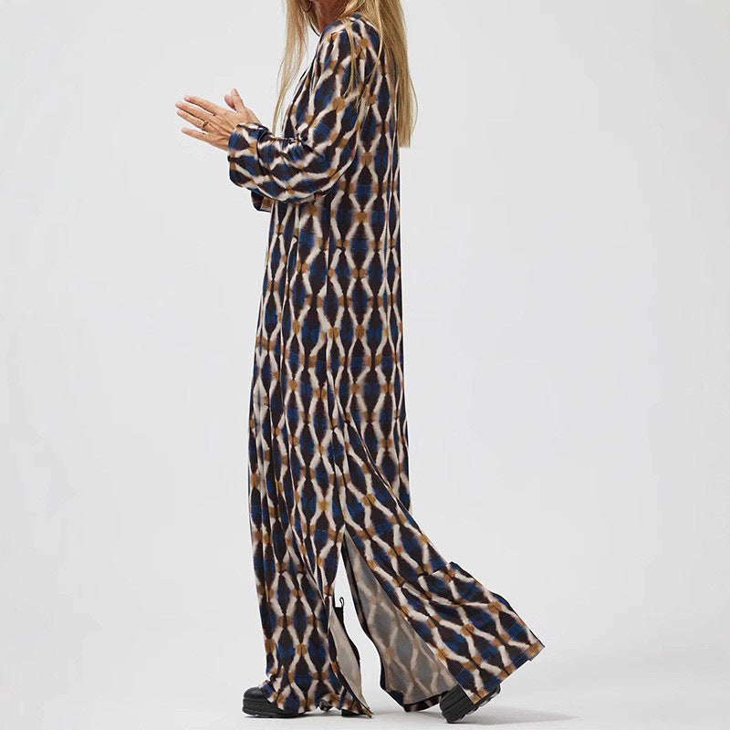 Women’s Midi Dress – Relaxed Fit – V-Neck – Long Sleeve – Boho Print – Lightweight Fabric