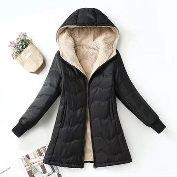 Women’s Quilted Coat – Sherpa Lined – Hooded – Ribbed Cuffs – Loose Fit – Mid Length