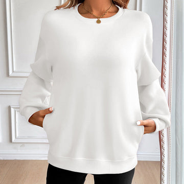 Women’s Sweatshirt – Loose Fit – Cotton Blend – Round Neck – Long Sleeve – Side Pockets