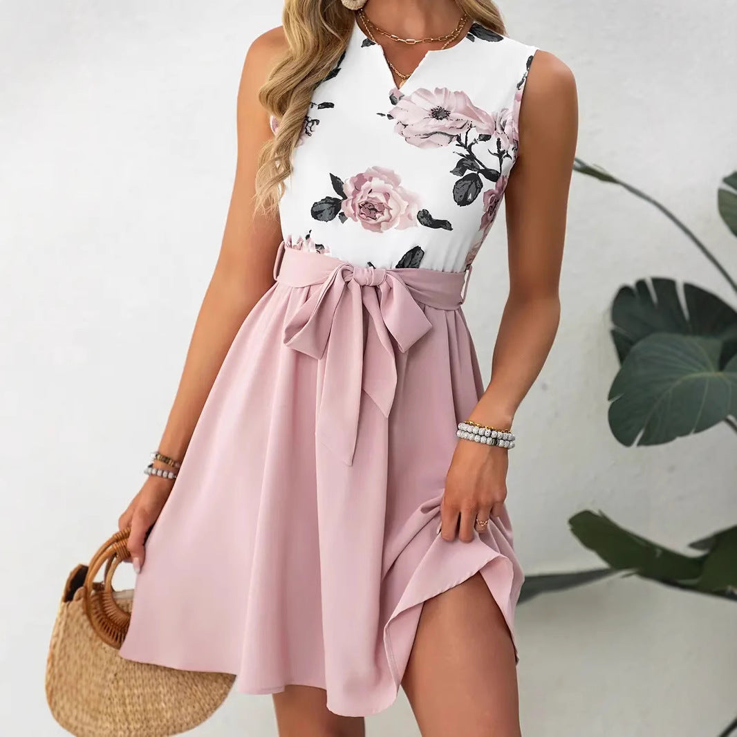 Women’s Knee-Length Dress – Slim Fit – Sleeveless – Round Neck – Floral Belted Waist