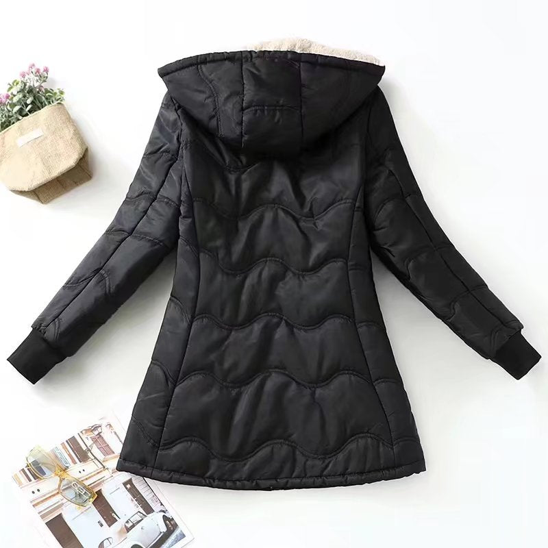 Women’s Quilted Coat – Sherpa Lined – Hooded – Ribbed Cuffs – Loose Fit – Mid Length