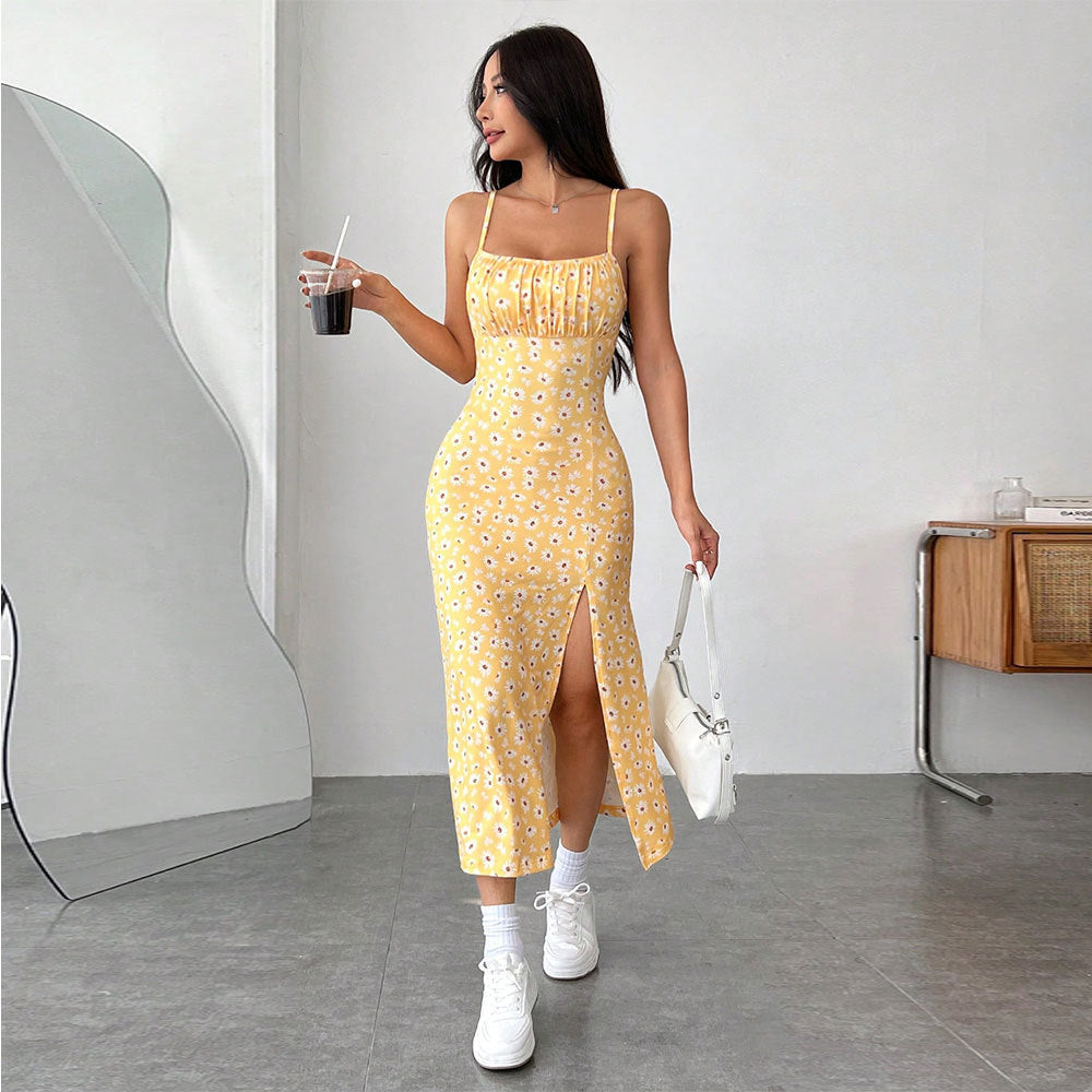 Women’s Midi Dress – Slim Fit – Spaghetti Straps – Floral Print – Side Slit – Cotton Blend