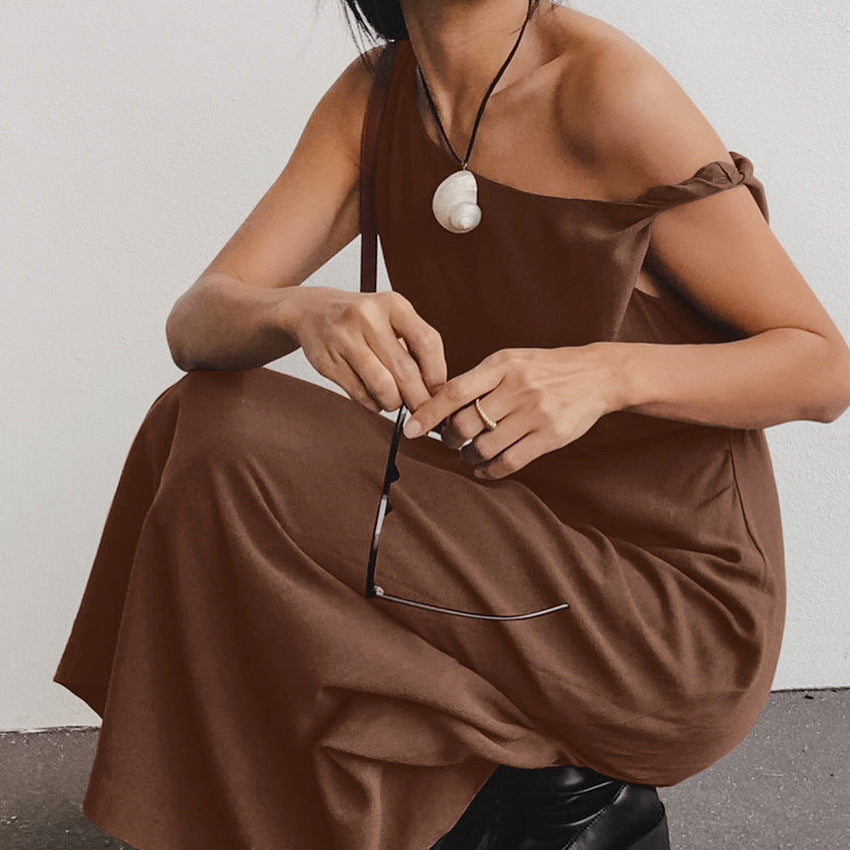 Women's Long Dress - Cotton Linen Blend - Asymmetrical Off-Shoulder - Elegant Fit