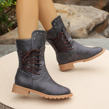 Women’s Mid-Calf Boots – Synthetic Leather – Lace-Up – Chunky Heel – Stud Detail