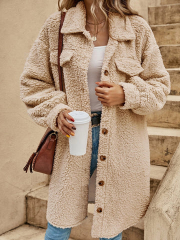 Women’s Long Coat – Plush Fleece – Oversized Fit – Wide Lapel – Button Front