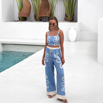 Women's Two-Piece Set - Floral Strappy Crop Top & High-Waisted Wide-Leg Pants