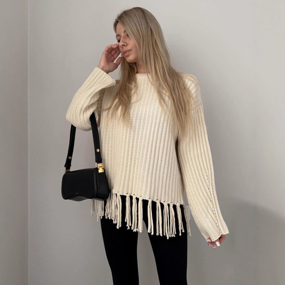 Women’s Oversized Pullover Sweater – Chunky Knit – Wool Blend – Ribbed – Fringe Hem
