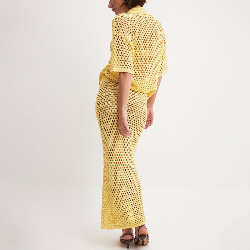 Women’s Knit Skirt Set – Fishnet Texture – Relaxed Fit – Button Front Top – Full Length