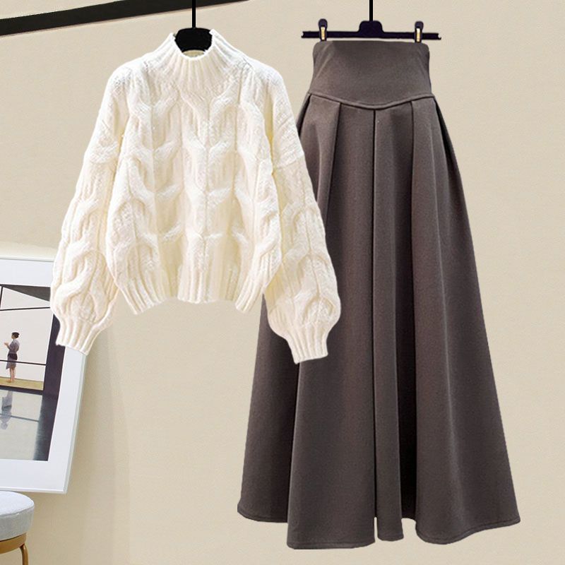 Women’s Two-Piece Set – Oversized Cable Knit Sweater – High-Waist A-Line Midi Skirt