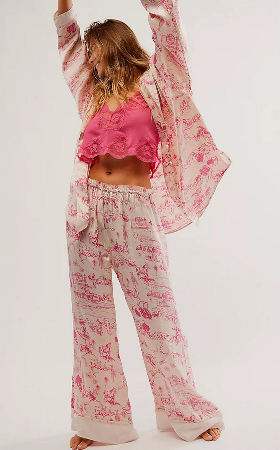 Women’s Pajama Set – Silk – Relaxed Fit – Button-Up Top – Wide-Leg Printed Pants