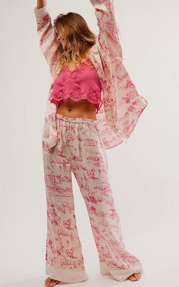 Women’s Pajama Set – Silk – Relaxed Fit – Button-Up Top – Wide-Leg Printed Pants