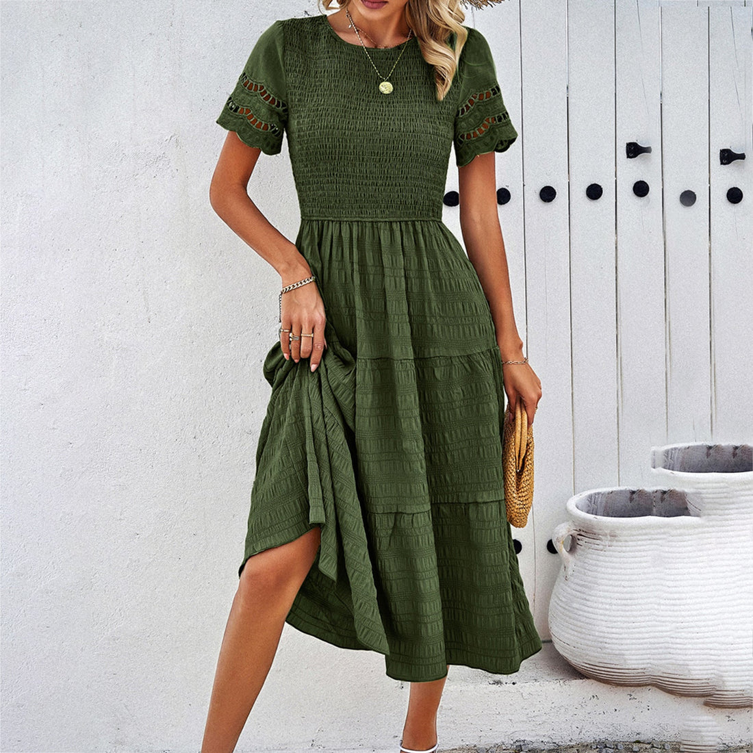 Women’s Midi Dress – Smocked Bodice – Tiered Skirt – Cut-Out Sleeves – Flowy Fit