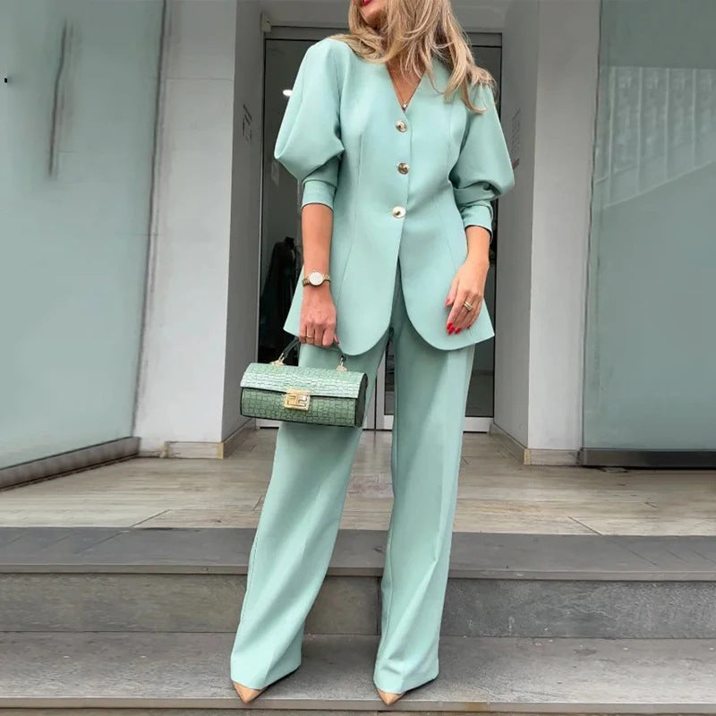 Women’s Blazer and Trouser Set – Structured Fit – Lantern Sleeve – Straight Leg Formal Wear