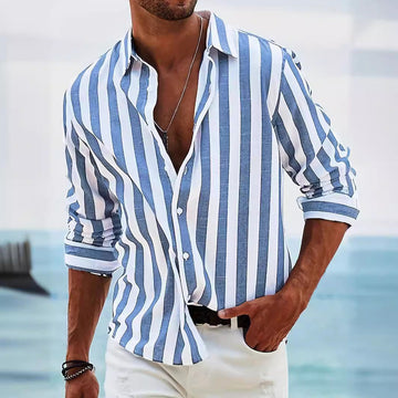 Men’s Long Sleeve Shirt –  Relaxed Fit – Button-Up Striped Casual