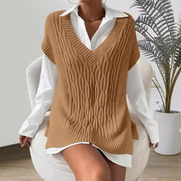 Women’s Sweater Vest – Cable Knit – Oversized Fit – Deep V-Neck – Sleeveless Layering