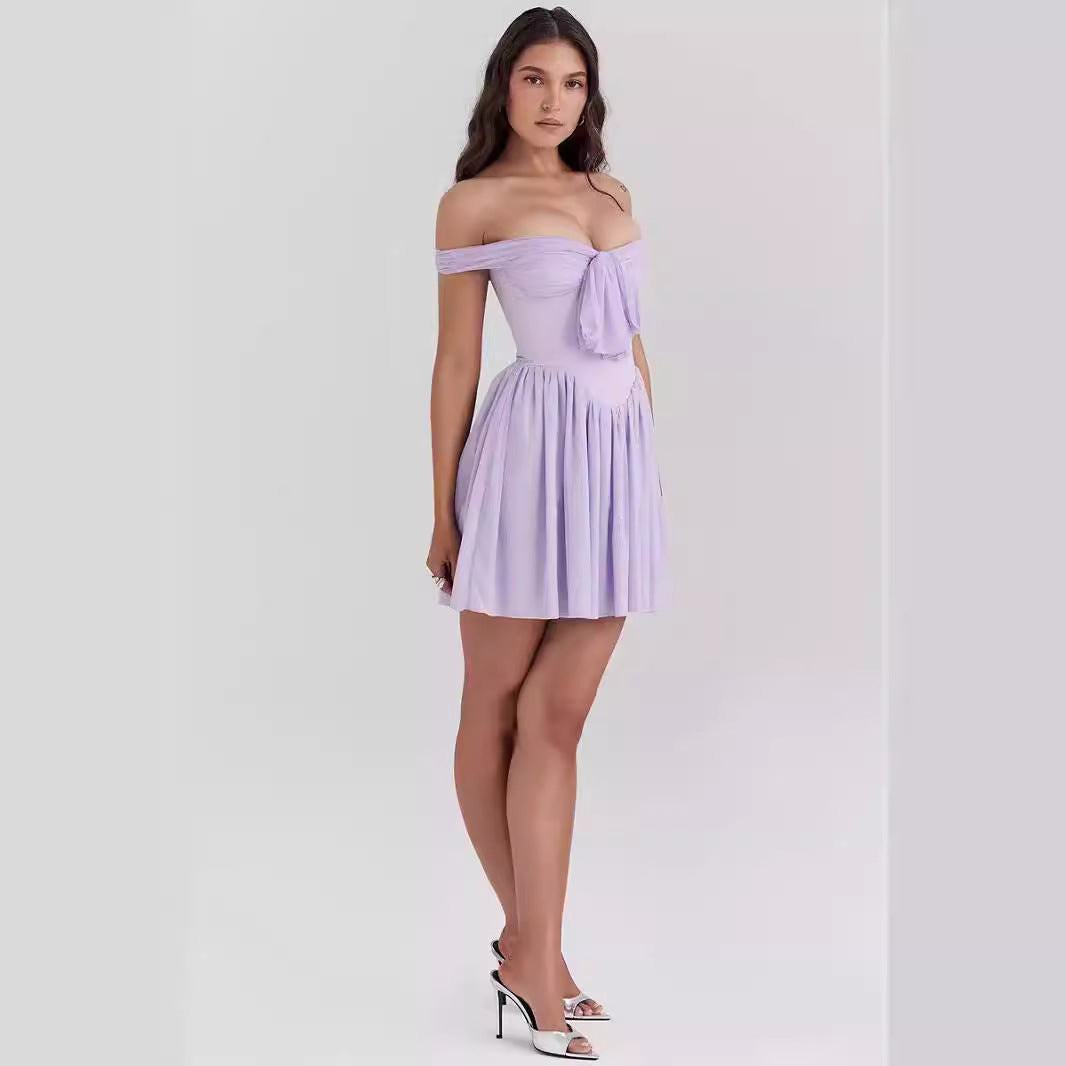 Women’s Mini Dress – Off Shoulder – Fit and Flare – Bow Front – Lightweight Elegant Wear