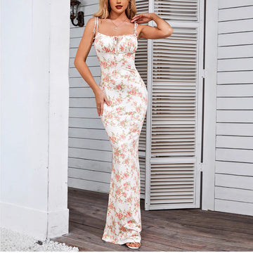 Women’s Sleeveless Maxi Dress – Slim Fit – Spaghetti Straps – Open Back Floral Pattern