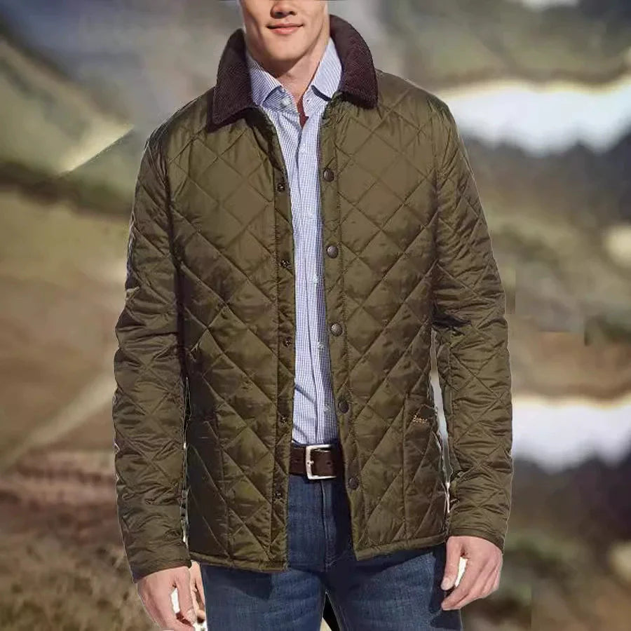 Men’s Quilted Jacket – Regular Fit – Diamond Stitch – Corduroy Collar – Mid Length