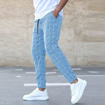 Men’s Jogger Pants – Tapered Fit – Grid Pattern – Elastic Waist – Drawstring Casual Wear