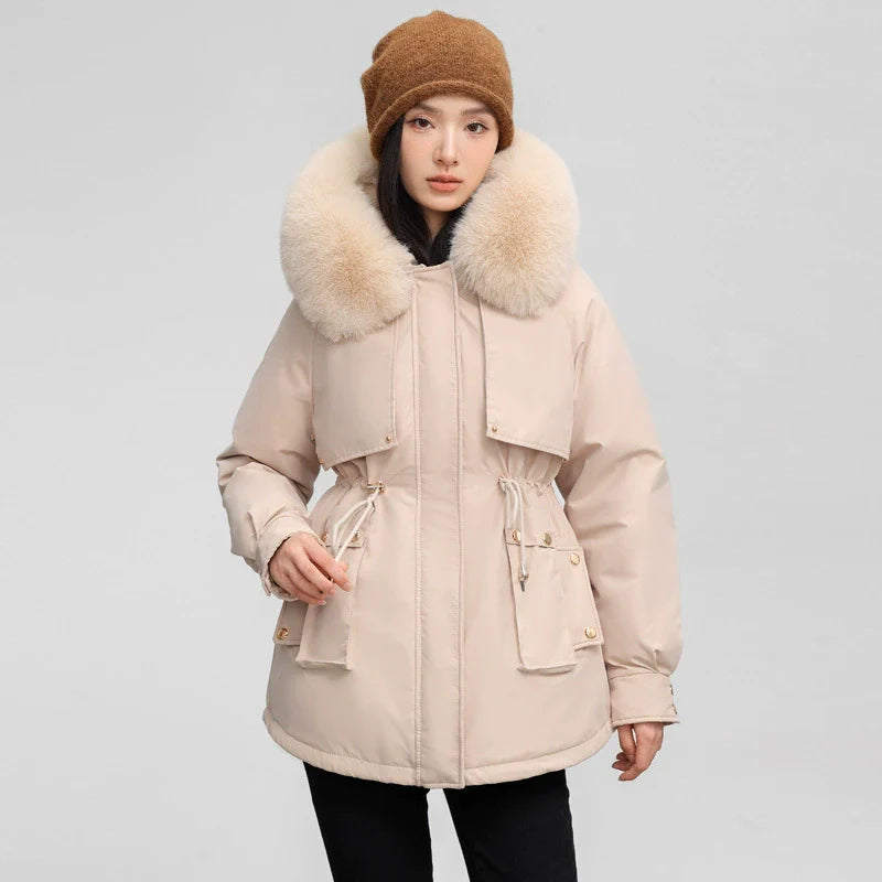 Women’s Parka Jacket – Relaxed Fit – Faux Fur Collar – Drawstring Waist – Mid-Thigh Length