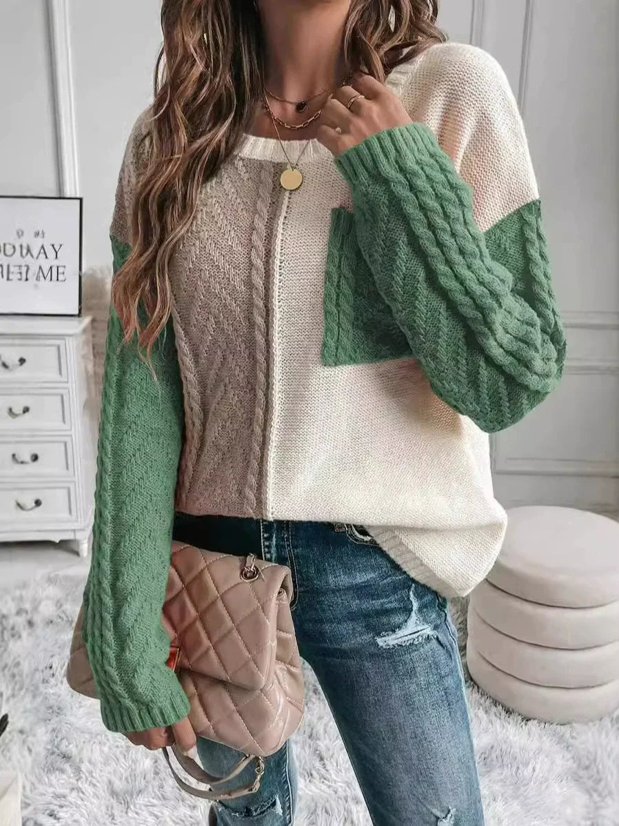 Women’s Pullover Sweater – Wool Knit – Relaxed Fit – Patchwork – Cable Knit Sleeves