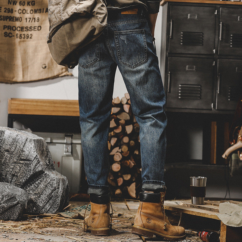Men’s Jeans – Relaxed Fit – Straight Leg – Distressed Denim – Cuffed Hem Casual Style