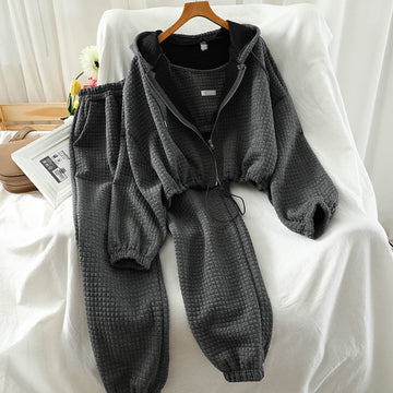 Women’s Two-Piece Tracksuit Set – Waffle Textured – Cropped Hooded Zip Jacket – Relaxed Joggers