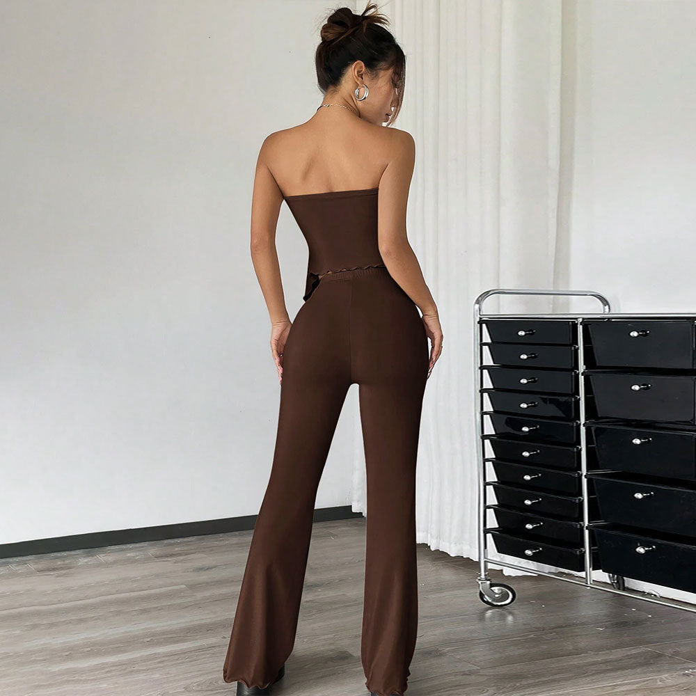 Women’s Two-Piece Set – Strapless Bandeau Top – High-Waisted Flared Trousers – Stretch Fit