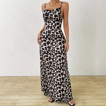 Women’s Sleeveless Dress – Slim Fit – Satin Feel – Animal Print – Full Length – Side Slit