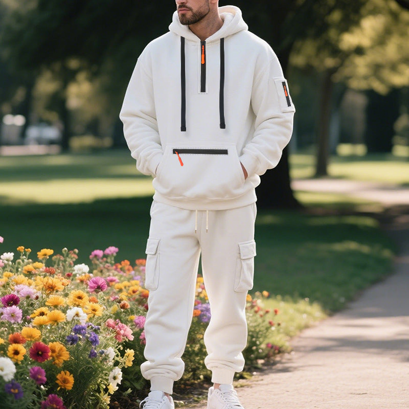 Men’s Two-Piece Tracksuit Set – Relaxed Fit Hoodie with Half-Zip – Cargo Joggers with Zip Pockets