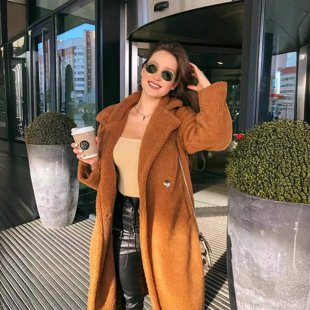 Women’s Long Coat – Oversized Relaxed Fit – Plush Texture – Notched Lapel – Full Length