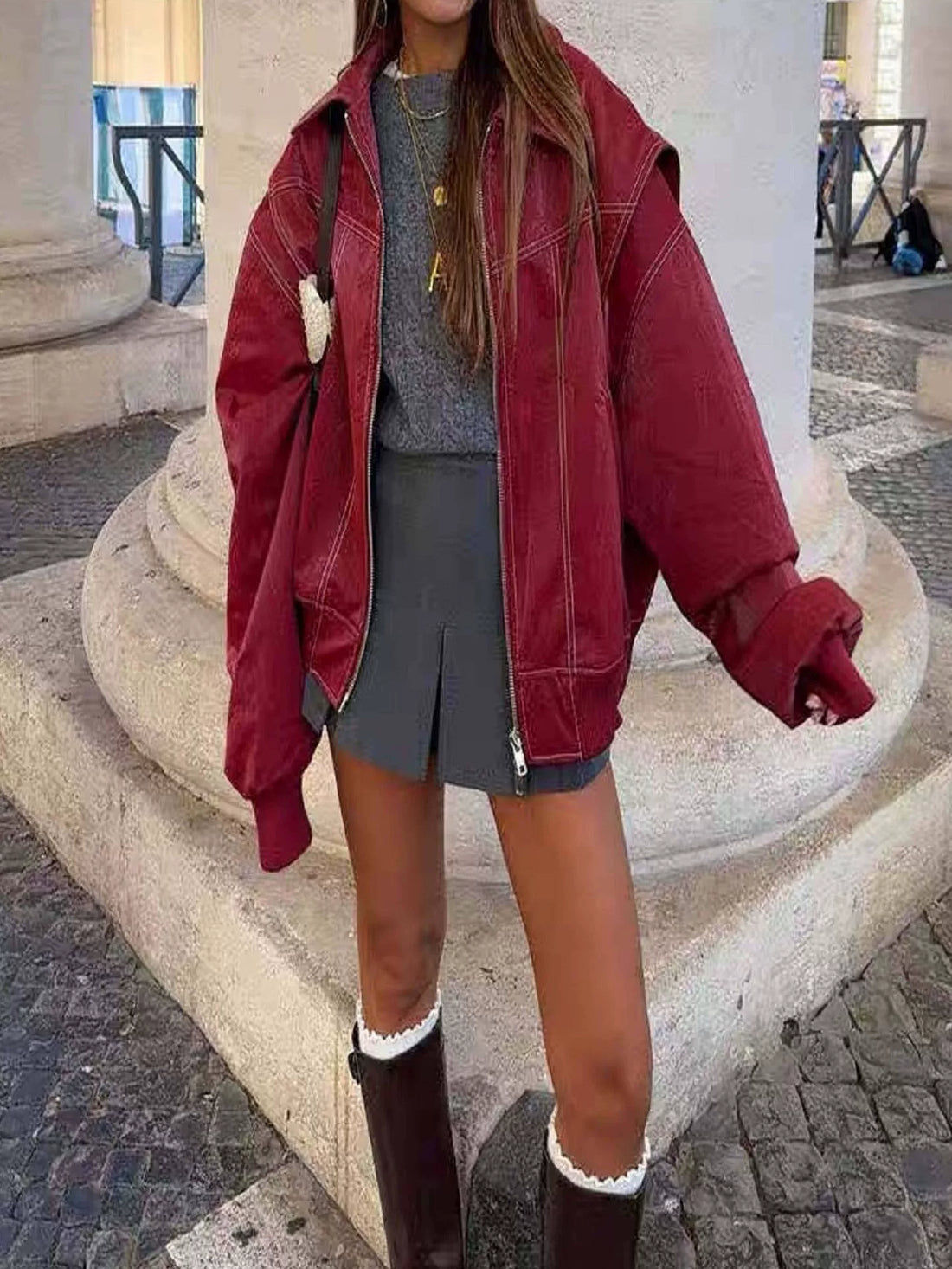 Women’s Oversized Jacket – Relaxed Fit – Contrast Stitching – Zip Front – Elastic Cuffs