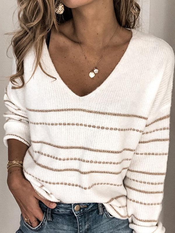 Women’s Sweatshirts – Relaxed Fit Knit – V-Neck – Striped – Full Sleeve Wool Blend