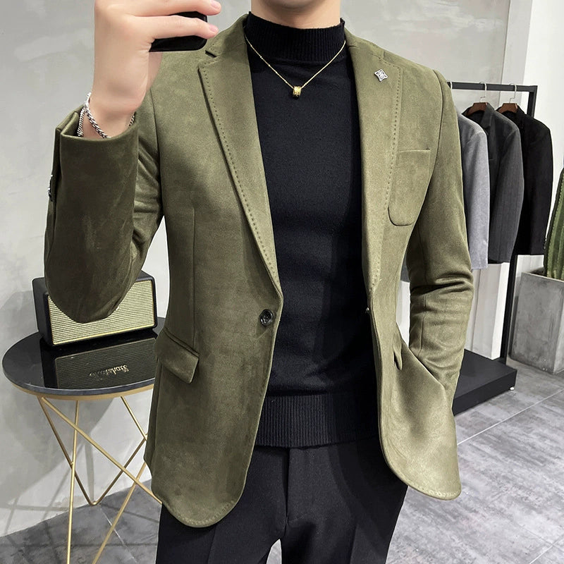 Men’s Blazer – Slim Fit – Suede Texture – Single-Breasted – Notch Lapel Formal Style