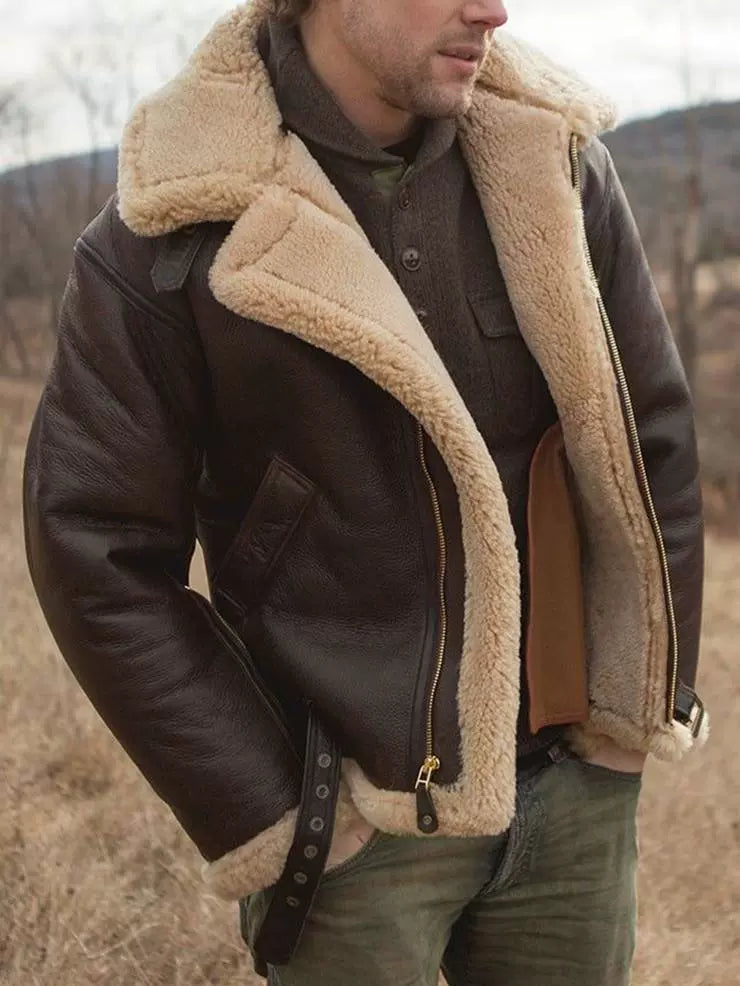 Men’s Aviator Jacket – Shearling Collar and Cuffs – Faux Leather – Full-Zip – Adjustable Straps